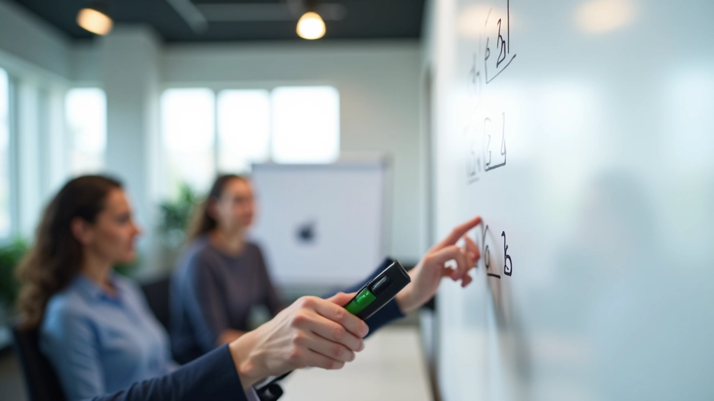 Persoon schrijft doelen op whiteboard met team eromheen, brainstormsessie in gang