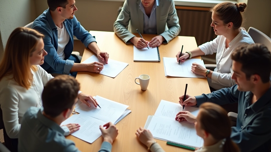 Teamvergadering met meerdere mensen die aantekeningen maken en samenwerken aan een tafel